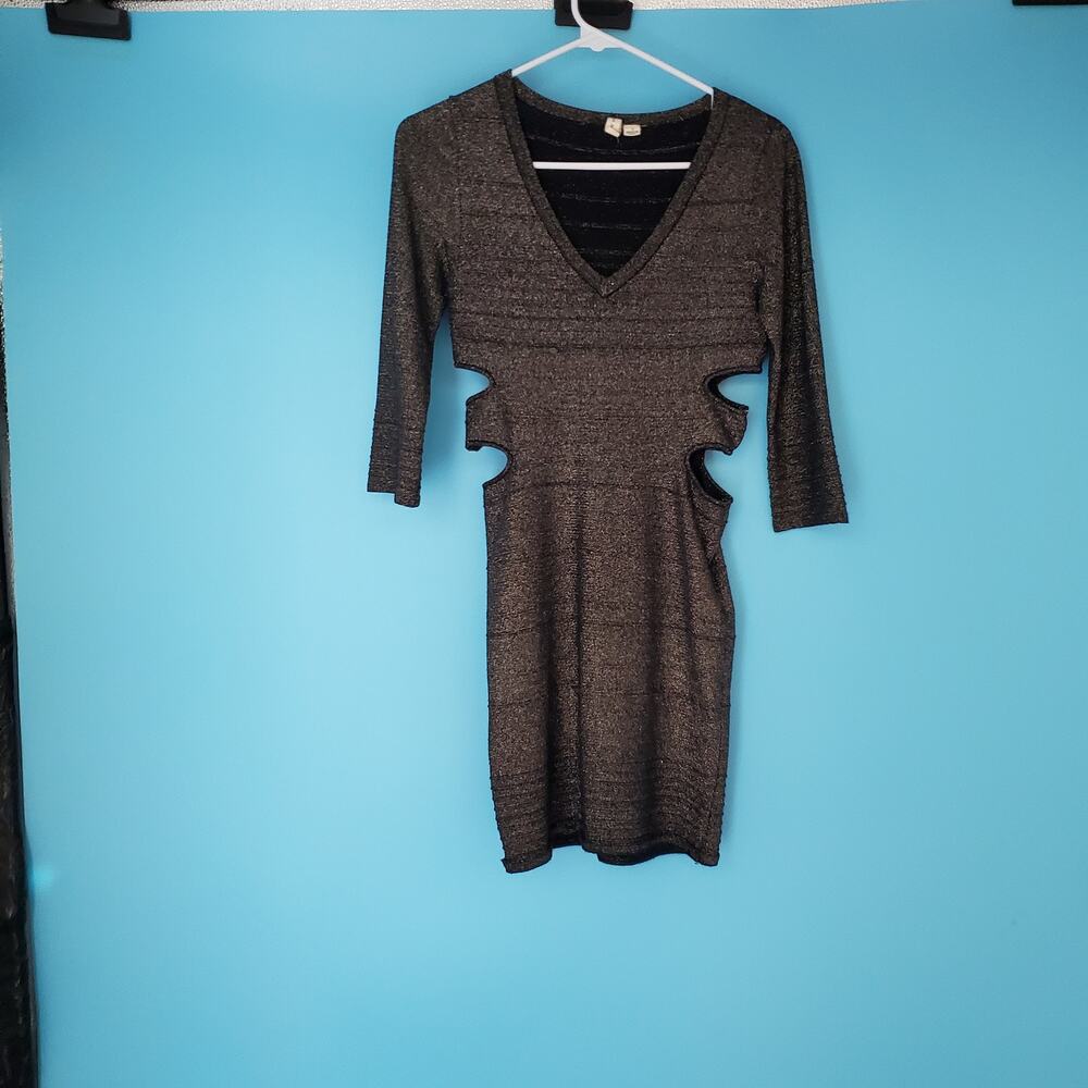 Tricot Joli Dress Size Medium Metallic Black Stretch 3/4 Sleeve
